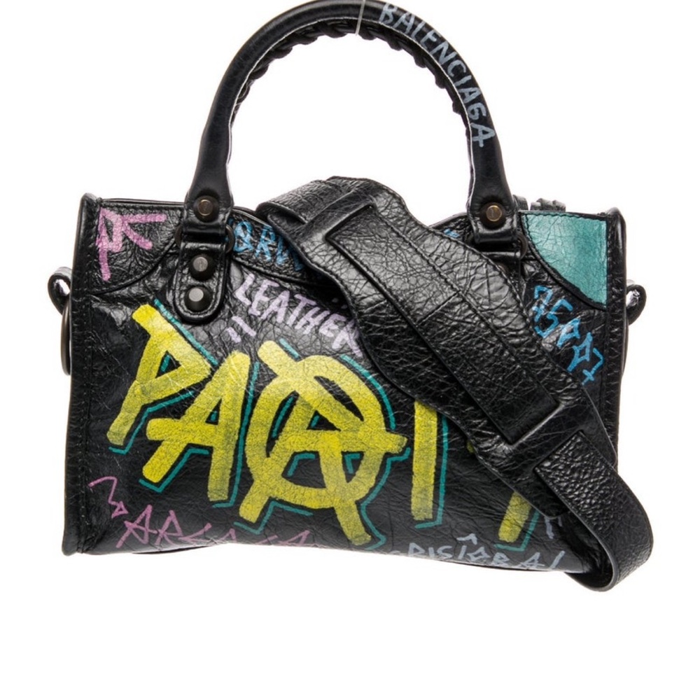 Balenciaga Black Leather Mini City Bag with Multicolor Graffiti - Picture 4 of 11